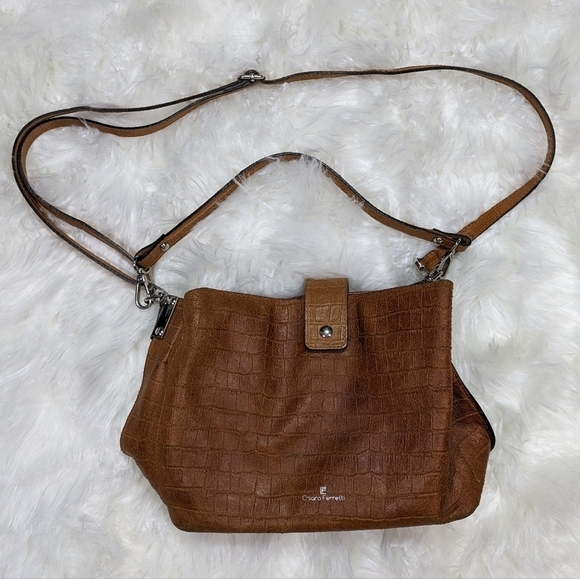 Chiara Ferretti Italian Leather Croc Embossed Cognac Brown Convertible Bag‎ - Picture 1 of 9